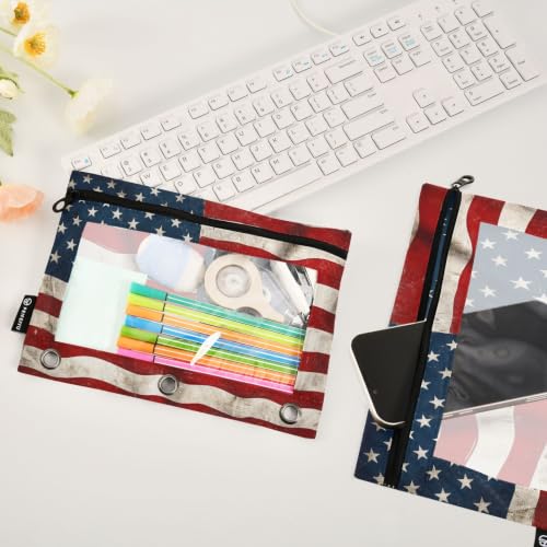 Gredecor 3 Ring Binder Pencil Pouch, American Flag Wooden Pattern-2 Zippered Pen Case Pouches with Clear Window, 2 Pack Stylish Office & School Supplie - color: American Flag Wooden Pattern-2