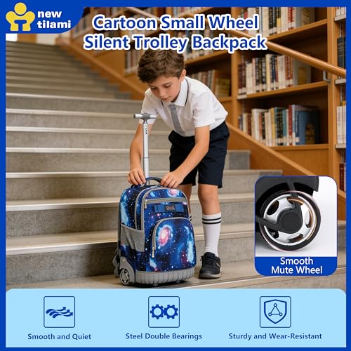 NEW TILAMI Rolling Backpack for Kids 18 Inch Wheeled Laptop Backpack Kids School Travel - color: Deep Space