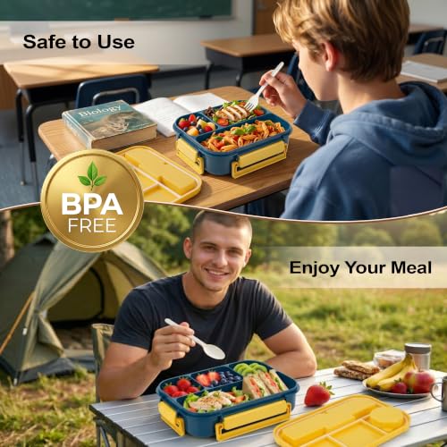 Bento Box Adult Lunch Box, Lunch Containers for Adults 44 Oz,Yellow / Blue | BPA-Free, Lid-Top Sauce Tray, Leak-Proof, 1300mL, Removable Silicone Sealing Ring, Lid-Top Utensil Slot with Included Cutlery - color: Yellow / Blue