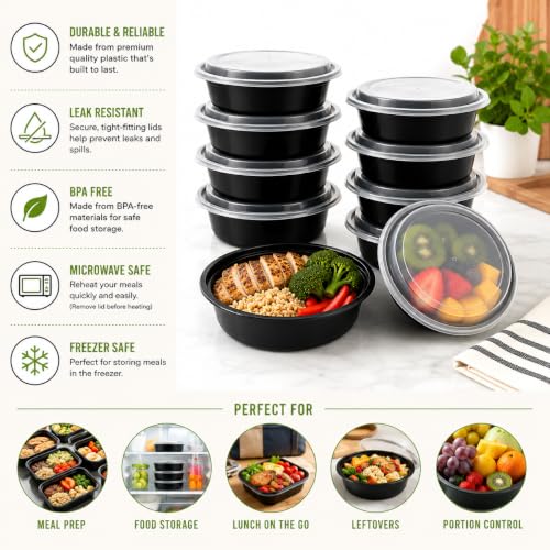 50 Pack Meal Prep Containers Reusable with Lids, Sturdy Leakproof Food Safe, Microwave Freezer Dishwasher Safe, To Go Take Out lunch Plastic Bento Food Storage Pans, BPA Free - Black (48 oz) - size: 48 oz