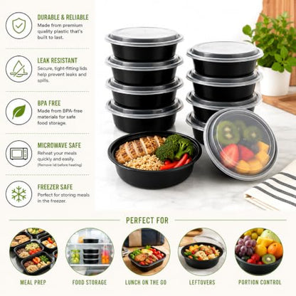 50 Pack Meal Prep Containers Reusable with Lids, Sturdy Leakproof Food Safe, Microwave Freezer Dishwasher Safe, To Go Take Out lunch Plastic Bento Food Storage Pans, BPA Free - Black (48 oz) - size: 48 oz