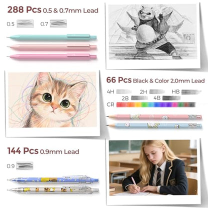 Nicpro 45PCS Mechanical Pencils with 462 Lead Refills (Pink) | 0.5mm-2.0mm Cute Mechanical Pencil Pet, School Supplies Stationary Set with Pencil Case for Girl Note-Taking & Back to School - size: 47 PCS