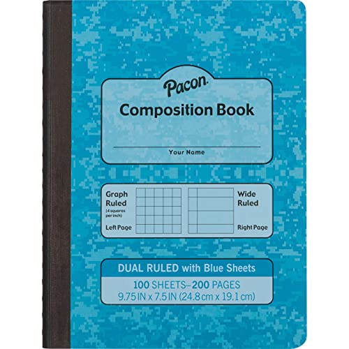 Pacon Dual Ruled Composition Book, Blue, 1/4" Grid & 3/8" Wide Ruled 9-3 ⁄4" x 7-1⁄2", 100 Sheets