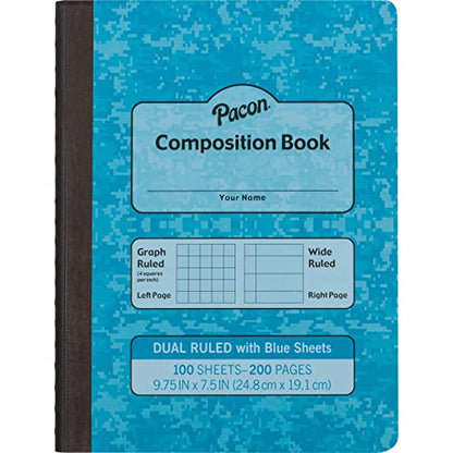 Pacon Dual Ruled Composition Book, Blue, 1/4" Grid & 3/8" Wide Ruled 9-3 ⁄4" x 7-1⁄2", 100 Sheets