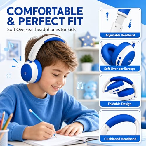 Kids Wireless Headphones with Active Noise Cancelling, 58H Playtime, Bluetooth 6.0, Safe Volume, Foldable Over-Ear Wireless Headset with 3.5mm Wired Option for iPad/Tablet,School,Travel - color: Blue