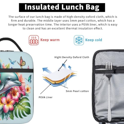 Dolphin Butterfly Flower Lunch Bag 10In | Insulated Lunch Box Reusable Tote Bag For Picnic Office For Women Men - color: Style 9
