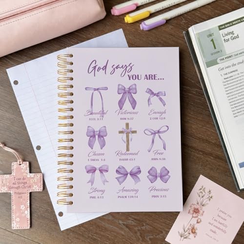 VONTP Bible Purple Bow Christian Notebook Journal for Women, 5.5 x 8.3 Inch | Christian Girl Energy Journal, Christian Study Notebook, Cute Preppy Bible Study Spiral Notebook for Bible Notes - color: 001-Purple