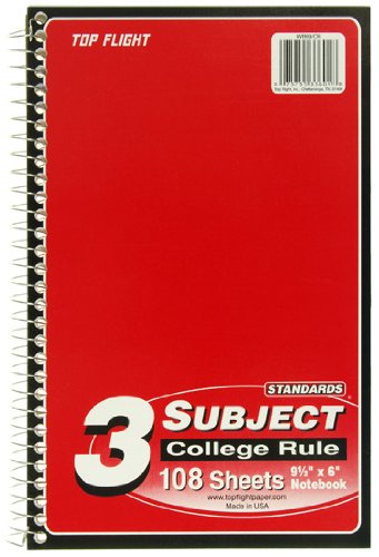 Top Flight Standards 3-Subject Wirebound Notebook, 108 Sheets, College Rule, 9.5 x 6 Inches, 1 Notebook, Cover Color May Vary (33601)