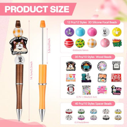 Geyee 12 Set Funny Beadable Pens Making Kit, Beaded Pens with Funny Silicone Focal Beads, Wood and Crystal Spacer Beads Black Ink Ballpoint Pen Kit for DIY Women Coworker Gift School Office Supplies - color: Multicolor, style: Funny
