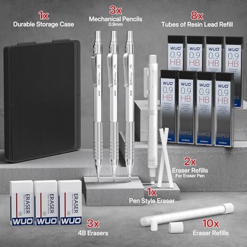 WUO 0.9mm Mechanical Pencil Set, 3 Silver Metal Drafting Pencils with 480 HB Lead Refills, Precision Eraser Pen, 4B Erasers & Case, Mechanical Pencils for Writing, Drawing, Sketching & School - color: Silver, size: 0.9