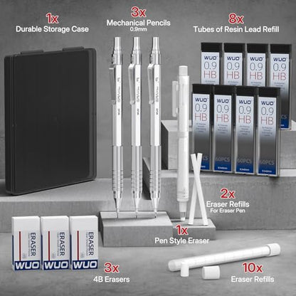 WUO 0.9mm Mechanical Pencil Set, 3 Silver Metal Drafting Pencils with 480 HB Lead Refills, Precision Eraser Pen, 4B Erasers & Case, Mechanical Pencils for Writing, Drawing, Sketching & School - color: Silver, size: 0.9