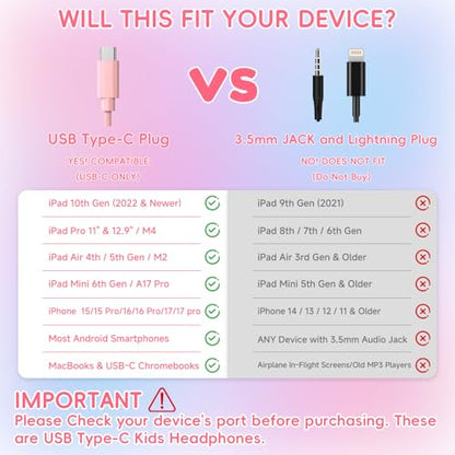 Candy Bila Wired USB C Kids Headphones, 85dB Safe Volume Limit, HD Stereo Sound, Adjustable Headband, Foldable Over-Ear Design for School, Travel, Boys, Girls, iPad, Tablet，Gradient Pink - color: Gradient Pink
