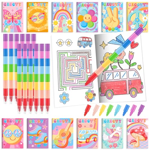 BenLouis 24 Hippie Boho Mini Coloring Books Kids with 24 Stacking Crayons Retro Daisy Party Favors Activity Books Bulk for Kids Two Groovy Goodie Bag Gift Stuffer Classroom Reward - style: Hippie Boho