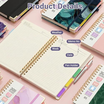 Hardcover Spiral Journal Notebook, 300 Pages 5 Subject Notebook College Ruled with Removable Dividers Tabs, 8" x 10" Notebooks for Work, Spiral Ruled Lined Writing Journal Hardcover Leather Notebook for School (Purple, 8''x 10'') - color: Purple
