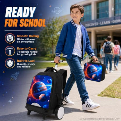gxtvo Large Wheels & Quiet Glide | Rolling Backpack for Kids - Water-Resistant Wheeled Bag with Lunch Box for School, Travel & Outings - Space Planets - color: Rolling Backpack Space Planets Black