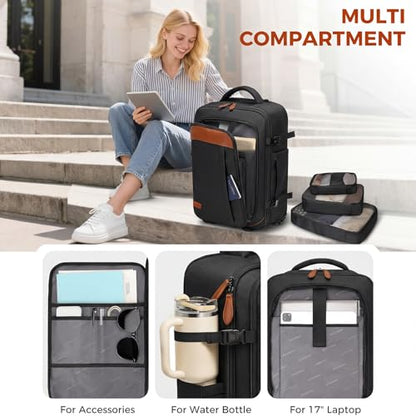 Vancropak Travel Backpack with Wheels, Rolling Backpack Fits 17.3" Laptop | Flight Approved Wheeled Luggage, Expandable Business Travel Suitcase, Womens Work Backpack, 3 Packing Cubes, Water Resistant - color: Black Brown