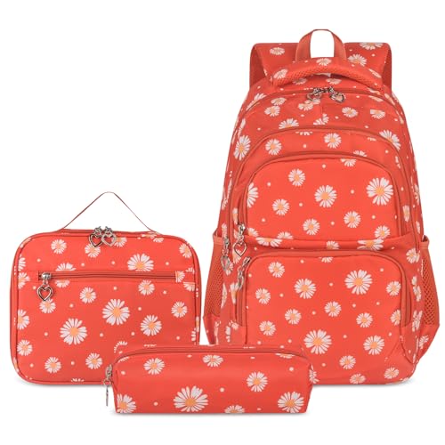 Glodwheat Daisy Printed Backpack For Girls- 3Pc Set With Lunch Box & Pencil Case, Lightweight Water-Resistant Bookbag For Elementary School - color: Orange