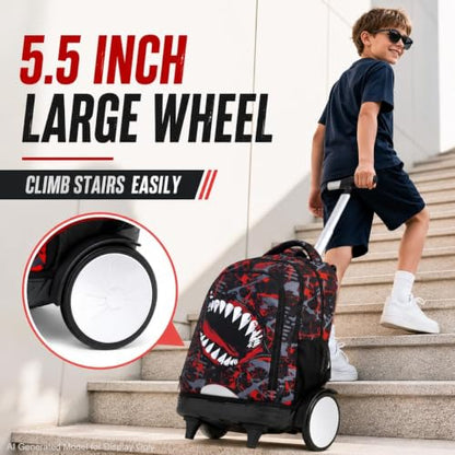3Pcs Large Rolling Backpack for Boys, 20 Inch Detachable Light Up Wheeled Bookbag with Lunch Box, Durable Graffiti Shark Roller Backpack for Elementary Middle School (Red) - color: Large Wheels Mouth Red