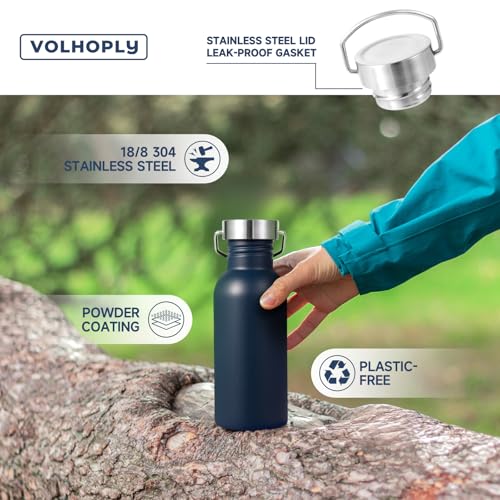 Volhoply 20oz Uninsulated Single Walled Water Bottle, Stainless Steel Reusable Water Bottles with Handle & Carabiner, BPA Free 18/8 304 Sports Water Bottles for Camping Hiking（Navy,1） - color: Navy