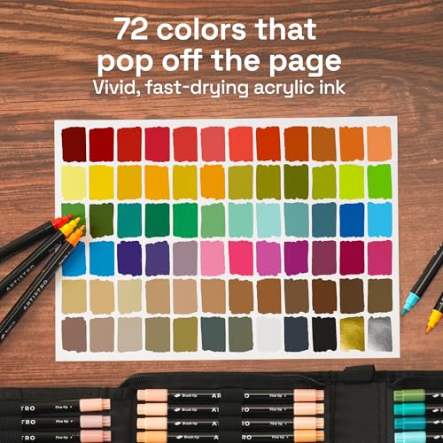 ARTISTRO Acrylic Paint Pens With Storage Bag for Calligraphy - Markers With Brush and Fine Precision Tips - Multisurface Painting for Fabric, Rock, Glass, and More (72 Markers, Dual Tip Brush + Fine)