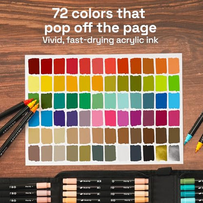 ARTISTRO Acrylic Paint Pens With Storage Bag for Calligraphy - Markers With Brush and Fine Precision Tips - Multisurface Painting for Fabric, Rock, Glass, and More (72 Markers, Dual Tip Brush + Fine)