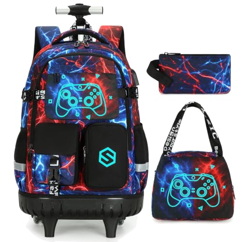 Scothen Rolling Backpack for Boys, Cool Luminous Gamer Roller School Backpacks for Boys with Lunch Bag and Pencil Pouch, Kids Backpack Bookbag with Wheels for Kindergarten Elementary Middle School - color: Cool Red Blue