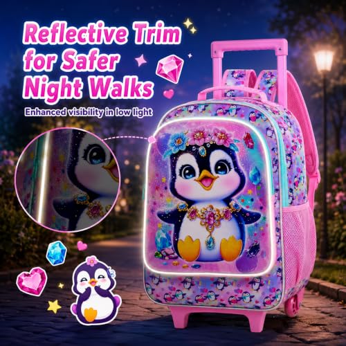 3Pcs Rolling Backpack for Girls, Penguins Kids School Backpacks with Wheels, Roller Bookbag with Lunch Box for Elementary Preschool(Pink) - color: Penguin Pink