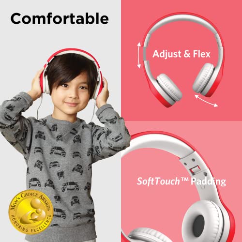 LilGadgets Connect+ Foldable Headphones, Adjustable Fit Soft Touch Padding for Kids with Mic, Volume-Limited & Noise Reduction On-Ear Wired Headset for School with SharePort - Red, Ages 3-14 - color: Red