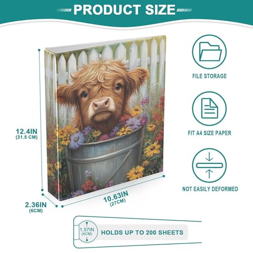 3 Ring Binder Highland Cow Flower 1.5 Inch Round Rings Holds 200 Sheets, Daily Women Men Office School Supplies 2 PCS - size: 2PCS