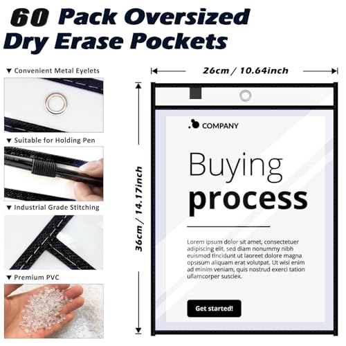 60 Packs Dry-Erase Pockets Bulk Oversized Reusable Dry Erase Pocket Sleeves with 4 Rings, 10x14 Black Ticket Holders, Clear Plastic Sheet Protectors, Teacher School Classroom Supplies - color: Black, size: 10 X 14"-60 PCS