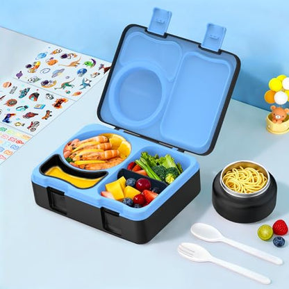 Bento Box for Kids, Leakproof Kids Bento Lunch Box Container with 8oz Insulated Thermo Food Jar, Sauce Jar, Utensil, DIY Stickers for School Boys Girls, 3-4 Compartments, BPA-Free - color: Black Blue