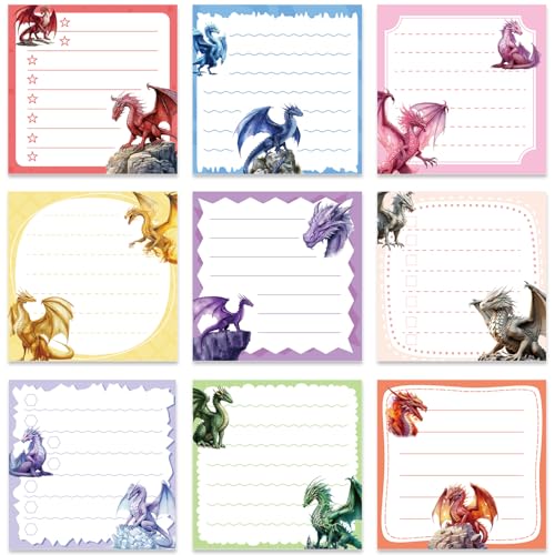 Dragon Sticky Notes Gifts - 9 Pack Dragon Notepads 3x3 Inch Gifts for Students Coworkers, Funny Animals Self-Adhesive Memo Pads Office School Supplies for Men Women (450 Sheets) - style: Dragon