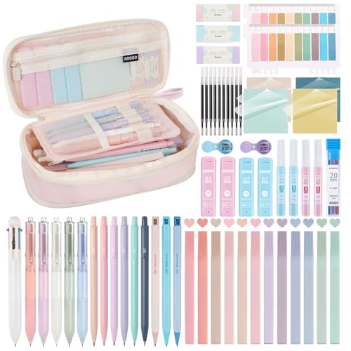 58 PCS Aesthetic School Supplies with Cute Pencil Case,12 Pastel Highlighters, 5 Gel Pens Black Ink，9 Mechanical Pencils for，Student Stationary，CollegeEssentials Gifts (pink) - color: Pink