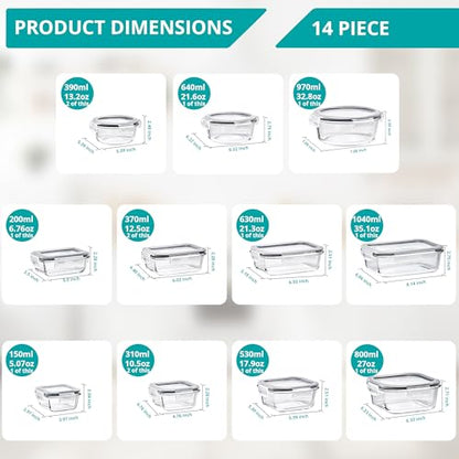 Sorbus Glass Meal Prep Containers, Dishwasher and Oven Safe Reusable Meal Prep Containers, Freezer Safe Glass Food Storage Containers with Airtight Lids - size: 14 Pack Set