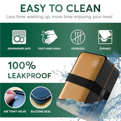 Umami Bento Box Adult All-in-1 w/ 4 Utensils, 100% Leakproof, Dishwasher & Microwave Safe Lunch Containers for Adults w/ 4 Compartments, Black & Gold, 40 oz - color: Black & Gold, size: M - 40 oz