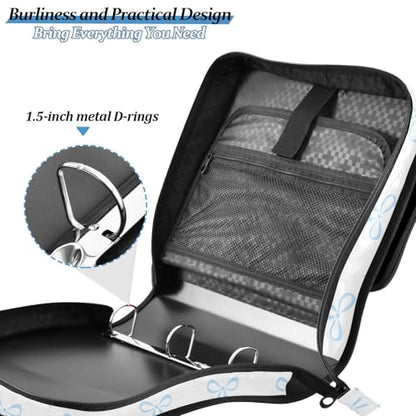 Zipper Binder Bag 3 Ring File Folder Portfolio Organizer Zippered Binder Bags with Strap Fits Laptop Women Men - color: Multi-blue Bow White
