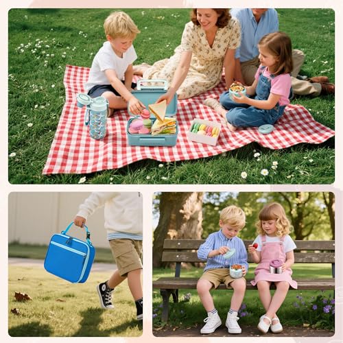 MAISON HUIS Bento Box for Kids with 8oz Soup Thermo, Insulated Lunch Bag & 17oz Water Bottle, 2-Compartment Bento Box with Built-In Ice Pack, Leak-Proof & BPA-Free - color: Blue1
