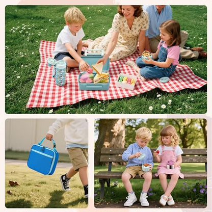 MAISON HUIS Bento Box for Kids with 8oz Soup Thermo, Insulated Lunch Bag & 17oz Water Bottle, 2-Compartment Bento Box with Built-In Ice Pack, Leak-Proof & BPA-Free - color: Blue1