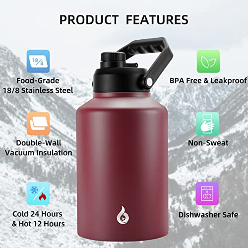 BJPKPK One Gallon(128 oz) Insulated Water Bottle, Dishwasher Safe Stainless Steel Jug, BPA Free Jug with Ergonomic Handle & Anti-slip Bottom, Large Water Bottle, Brick Red - color: Brick Red, style: 128oz