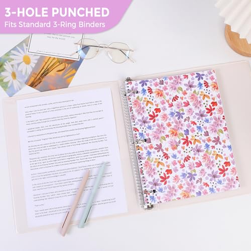 SKYDUE 8"x10.5" Spiral Notebook - College Ruled 100 Sheets, 1 Subject Notebook for School & Office, 3-Hole Punched Paper, Floral Design - color: Purple Floral