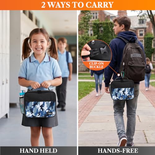 opux Insulated Lunch Bag for Kids, Reusable Lunch Box for School with Leakproof Lining, Compact Soft Cooler Tote for Boys & Girls, Front Pocket, Mesh Side Bottle Holder (Camo Blue) - color: Camo Blue