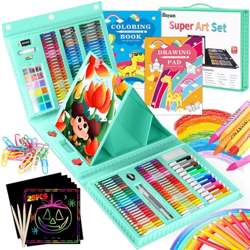 iBayam Art Supplies for Adult, Art Set Case with Trifold Easel, Scratch Paper, Sketch Pad, Coloring Book, Crayons, Pencils, Oil Pastels, Watercolors, Sharpener - color: Green
