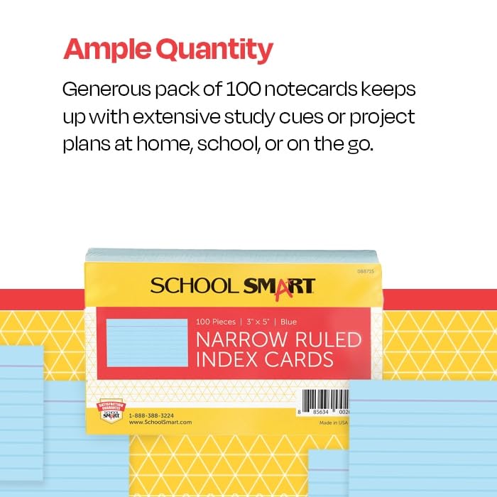 School Smart Ruled Index Cards, 3 x 5 Inches, Blue, Pack of 100 - color: Blue, size: 3 x 5 Inches