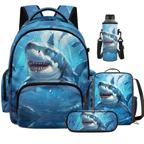 Cool Shark Backpack for Boys Planet Backpack for School Water Proof Bookbag and Lunch Box Set for Boys Ages 5-11 School Bag Primary Middle Pencil Case Portable Water Bottle Holder 4Pcs - color: Cool Shark