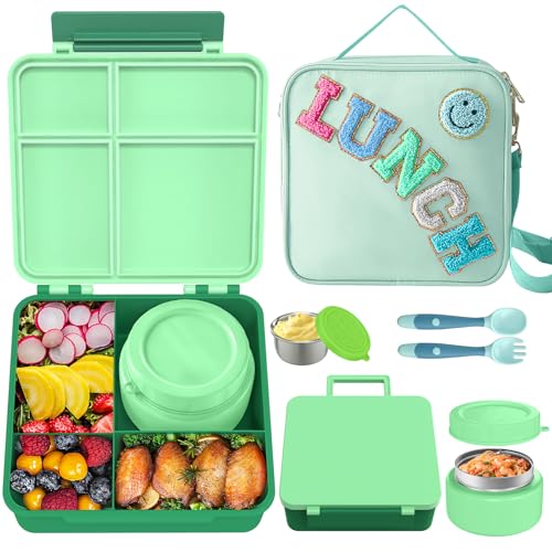 Aimsnk Lunch Box Kids with Thermo Insulated Lunch Bag for School, Green | Bento Lunch Box for Kids with 8oz Food Jar, Leak Proof Hot Lunch Containers with 4 Compartment, Warm Lunchbox for Toddler - color: Green