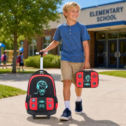 Bevalsa Rolling Backpack for Boys,Cool Luminous Gamer Roller School Backpacks with Lunch Box & Pencil Case,Kids Wheeled Schoolbag Bookbag with Wheels for Kindergarten Elementary School Travel - color: Red