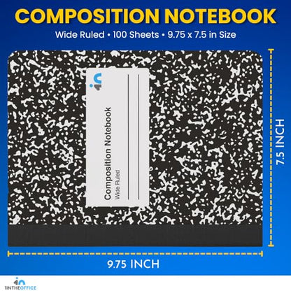 1InTheOffice Composition Notebook Wide Ruled, Black Marble, 100 Sheets, 9.75" x 7.5", Durable Sewn Binding, Bulk 12‑Pack