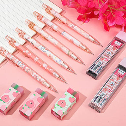 15 Pcs Kawaii Mechanical Pencil Set First School Gift Pen Include Peach Mechanical Pencils with Tubes Pencil Refills Cute Juice Peach Eraser School Supplies for Sketching Architecture Drawing (0.7 MM)