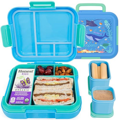 Caperci Bento Box for Kids Age 4-8 - Leak-Proof Toddler Lunch Box Container with 2 Modular Containers & 4 Compartments, Hold 4.8 Cups, Portable Handle, BPA-Free, Microwave/Dishwasher Safe (Sea Life) - color: Sea Life