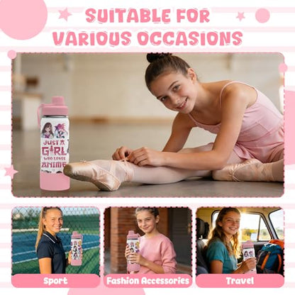 18oz Anime Water Bottle with 2 Lids (Spout and Straw Lid), Insulated Stainless Steel Kids Girl Tumbler Cup, Just A Girl Who Loves Anime Merch Gifts for Women Girls Fans - color: Anime